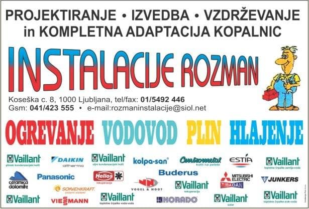VODOVODNE INŠTALACIJE, OGREVANJE IN HLAJENJE, PLINSKE INŠTALACIJE, INŠTALACIJE ROZMAN, LJUBLJANA