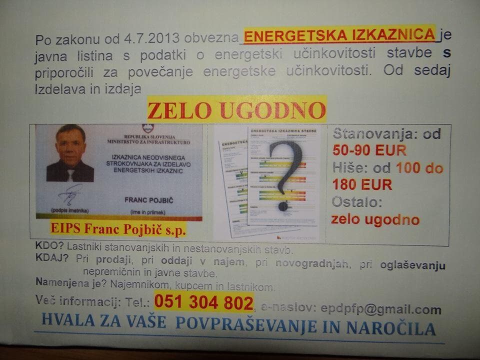 EIPS, IZDELAVA IN IZDAJA ENERGETSKIH IZKAZNIC, FRANC POJBIČ S.P., POSTOJNA cover
