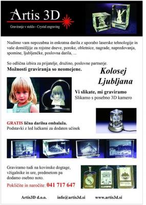 ARTIS 3D, 2D-3D GLOBINSKO LASERSKO GRAVIRANJE V STEKLO, SUBLIMACIJSKI TISK NA SKODELICE, LJUBLJANA